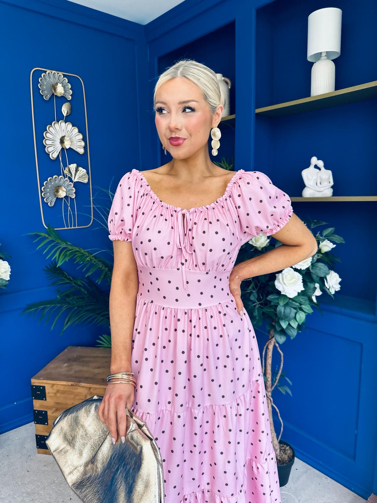 Blaine Detailed Bardot Midi Dress Polka Pink