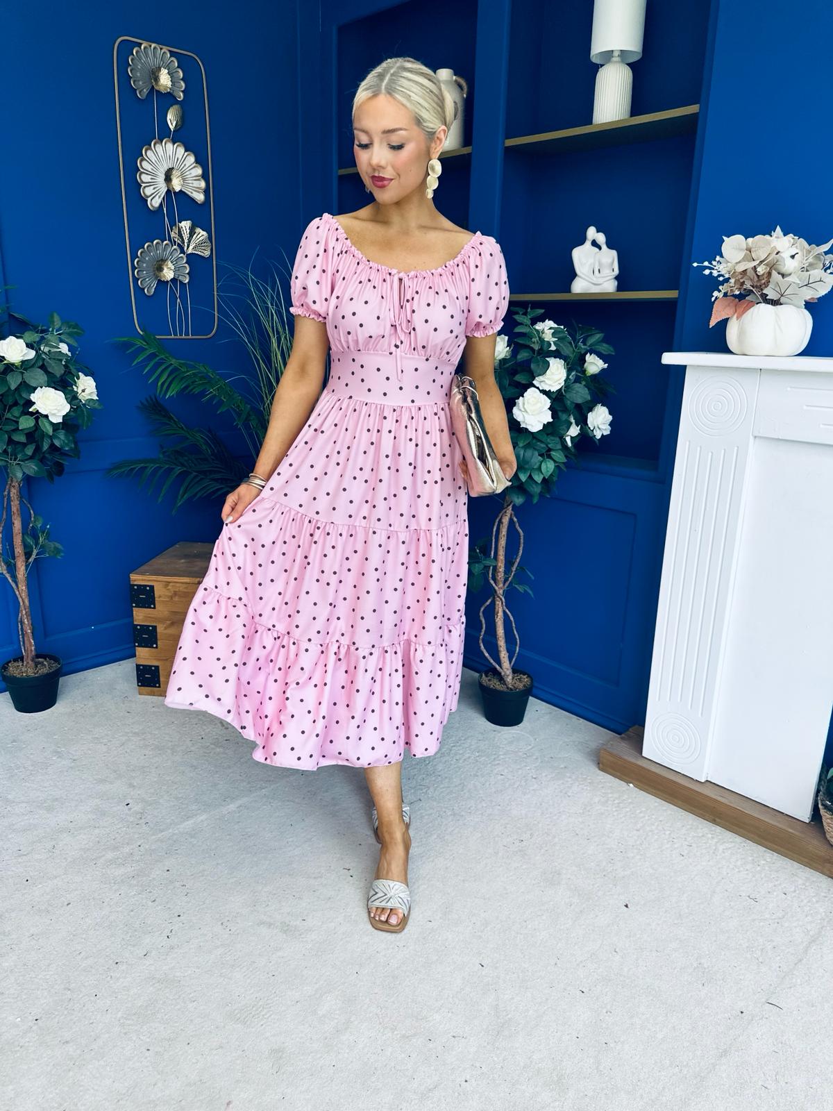 Blaine Detailed Bardot Midi Dress Polka Pink