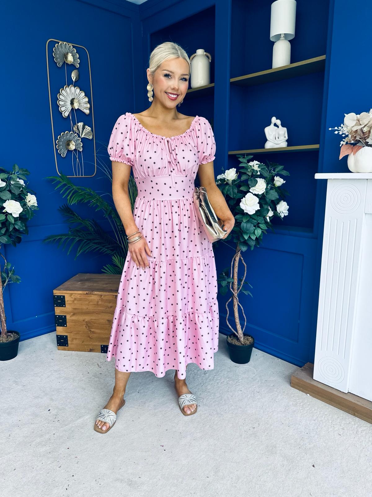 Blaine Detailed Bardot Midi Dress Polka Pink