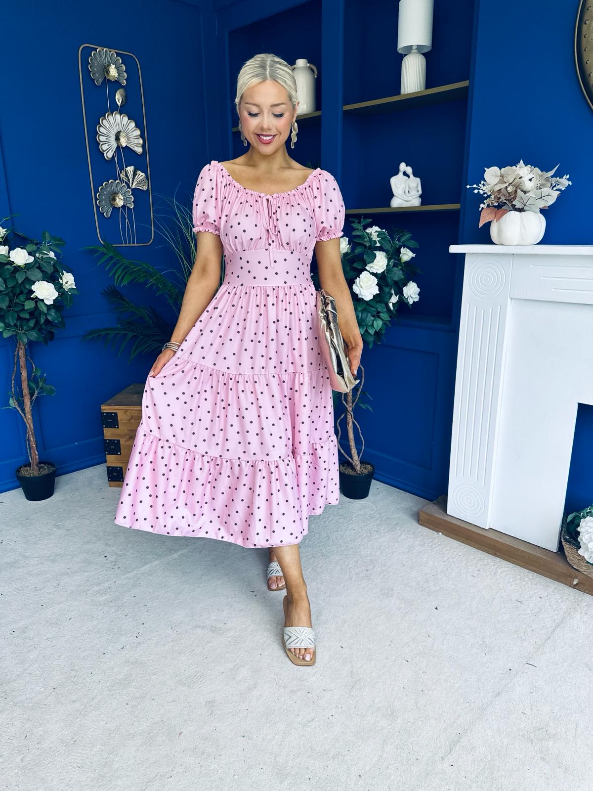 Blaine Detailed Bardot Midi Dress Polka Pink