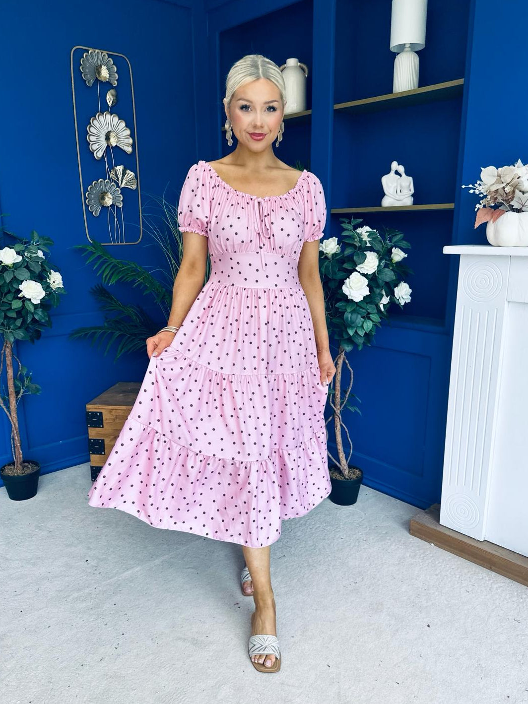 Blaine Detailed Bardot Midi Dress Polka Pink