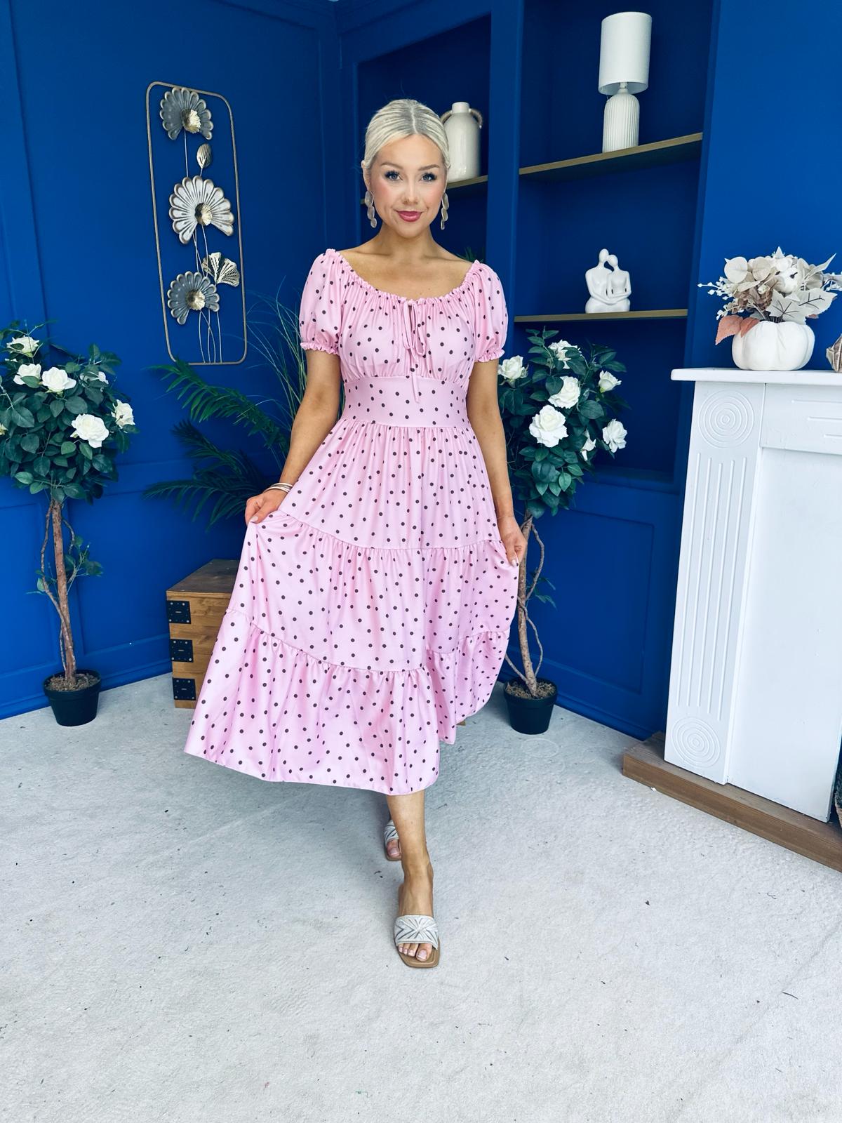 Blaine Detailed Bardot Midi Dress Polka Pink