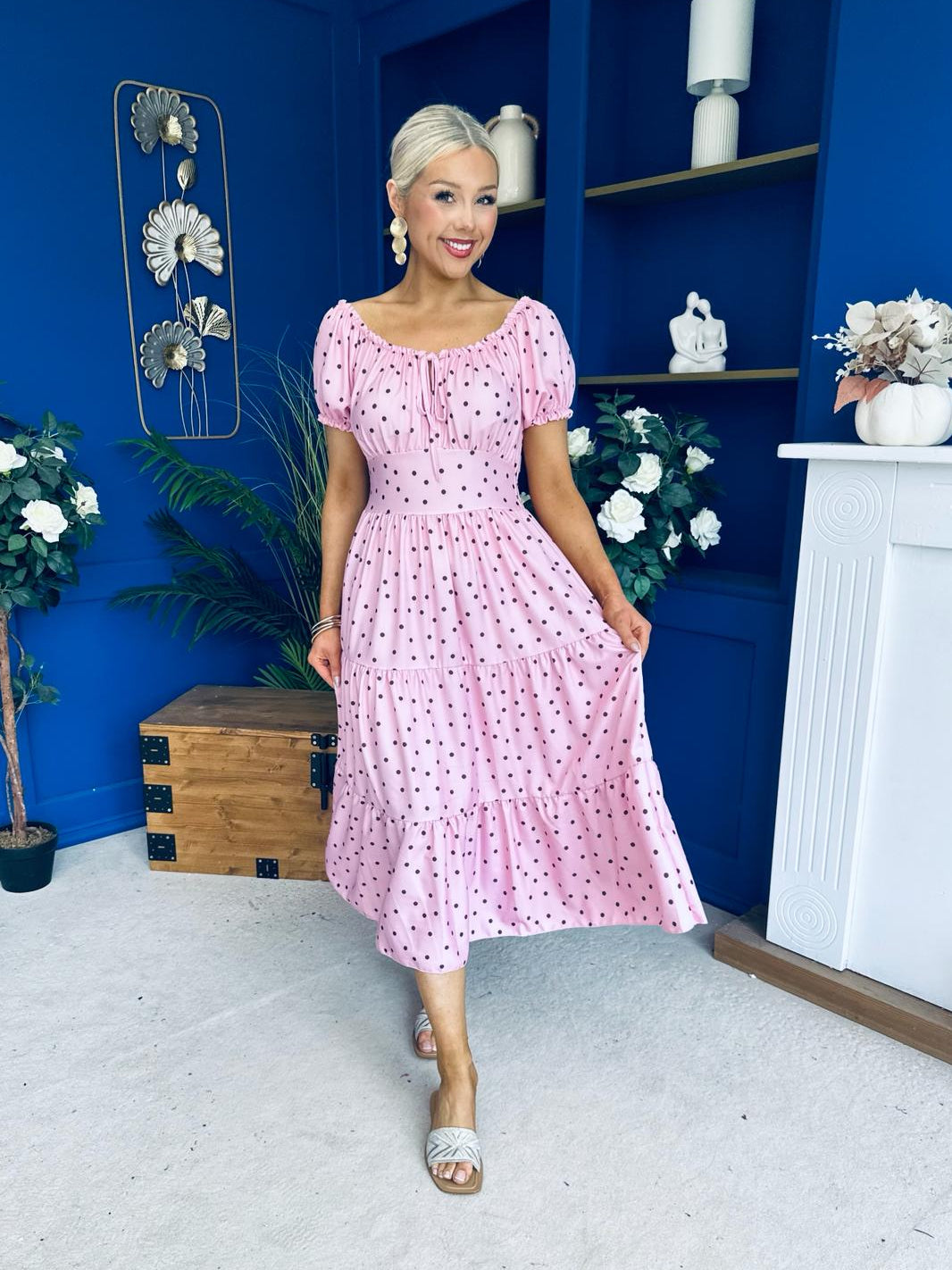 Blaine Detailed Bardot Midi Dress Polka Pink