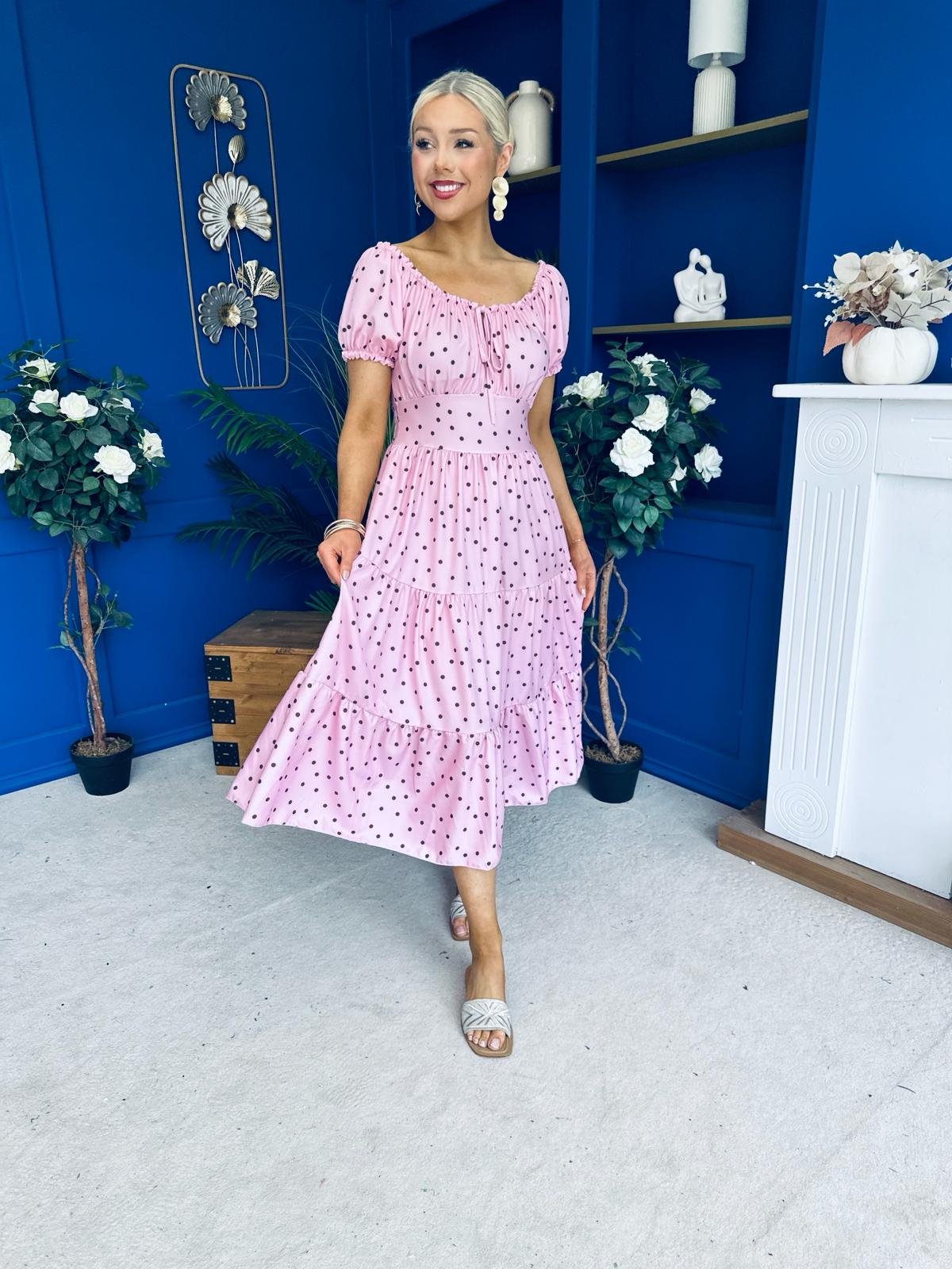 Blaine Detailed Bardot Midi Dress Polka Pink