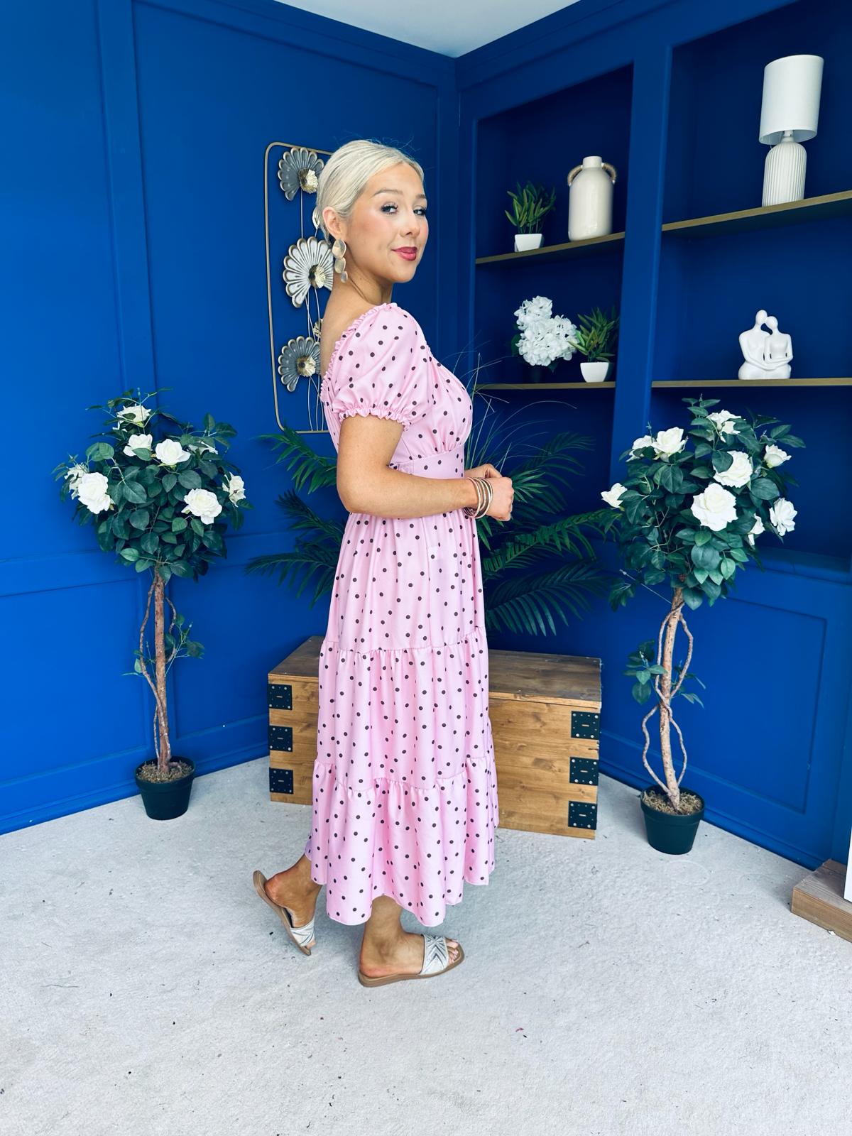 Blaine Detailed Bardot Midi Dress Polka Pink
