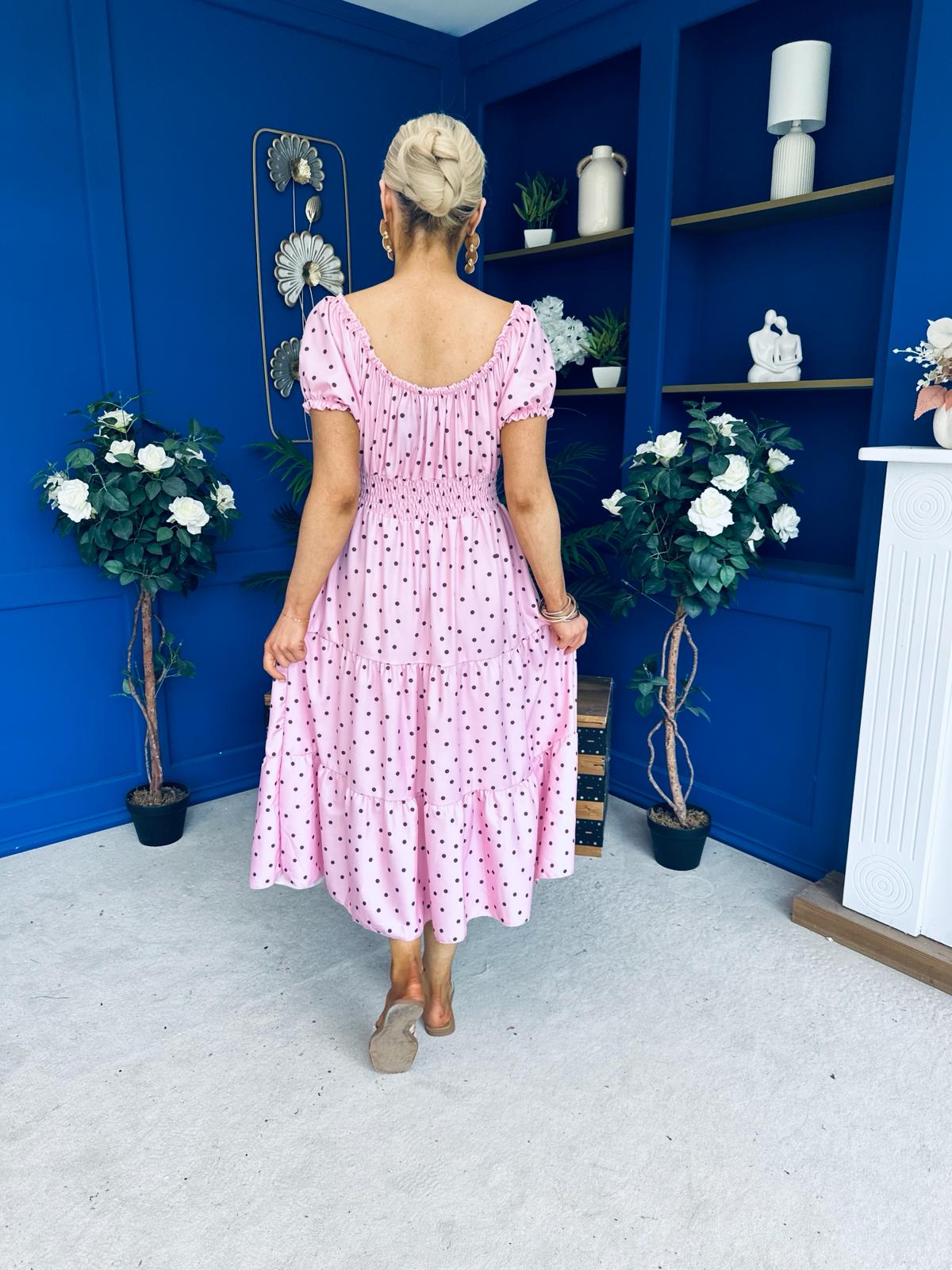 Blaine Detailed Bardot Midi Dress Polka Pink