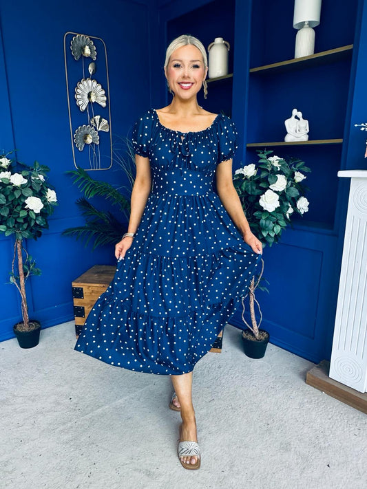Blaine Detailed Bardot Midi Dress Polka Navy