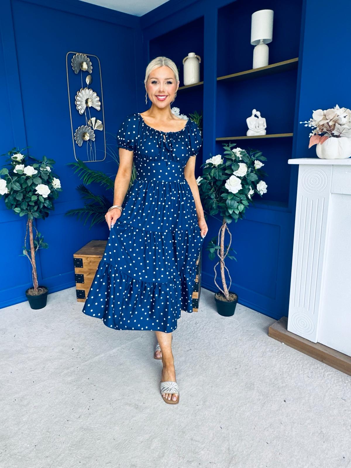 Blaine Detailed Bardot Midi Dress Polka Navy