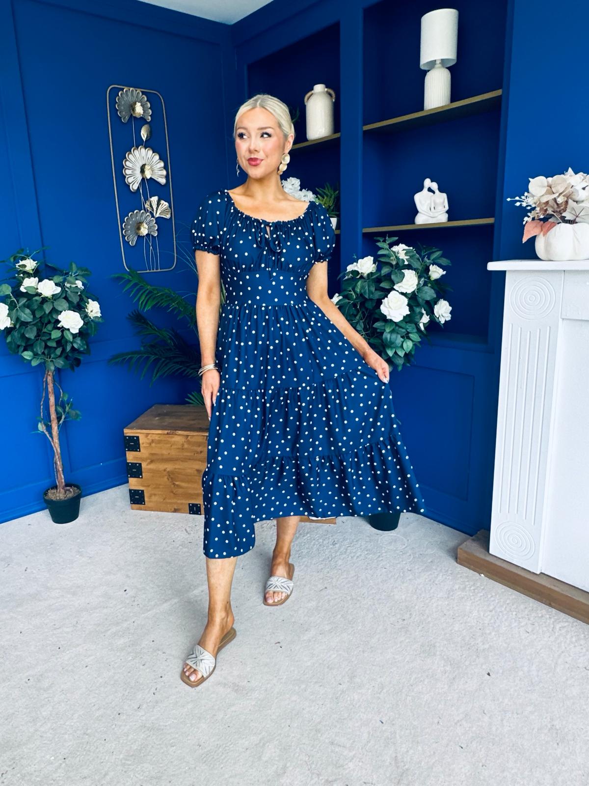 Blaine Detailed Bardot Midi Dress Polka Navy