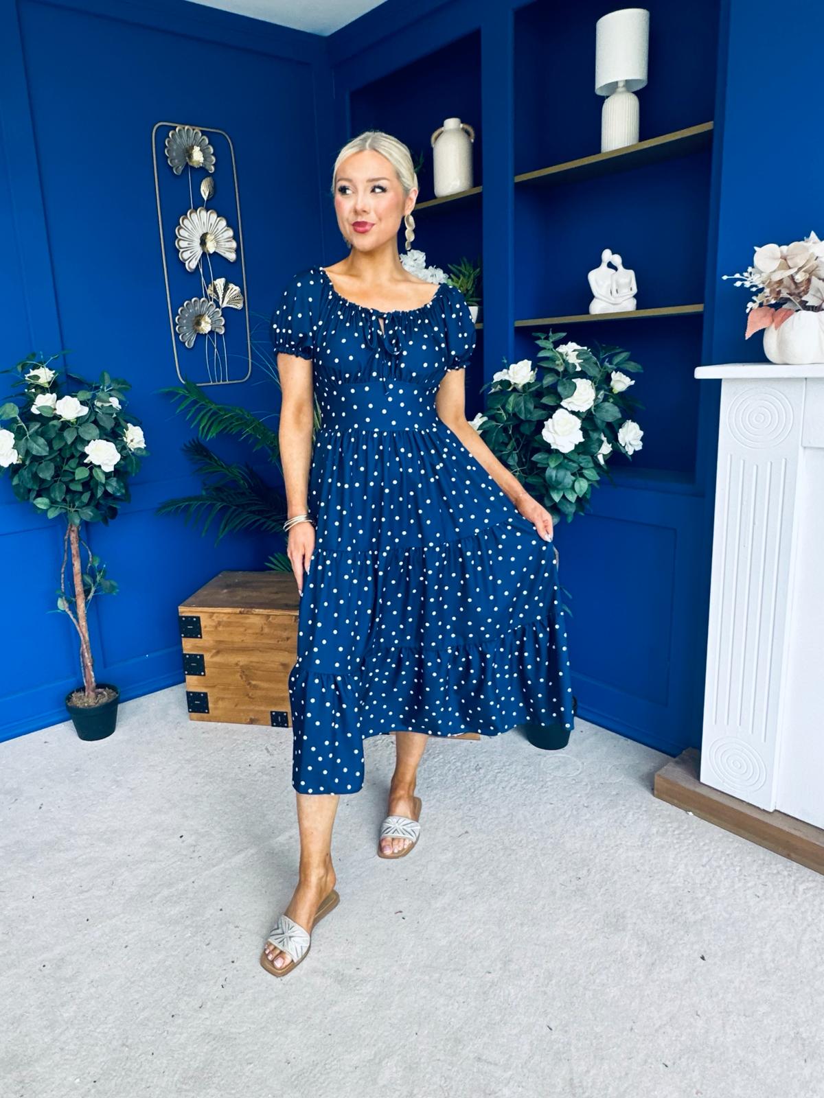 Blaine Detailed Bardot Midi Dress Polka Navy