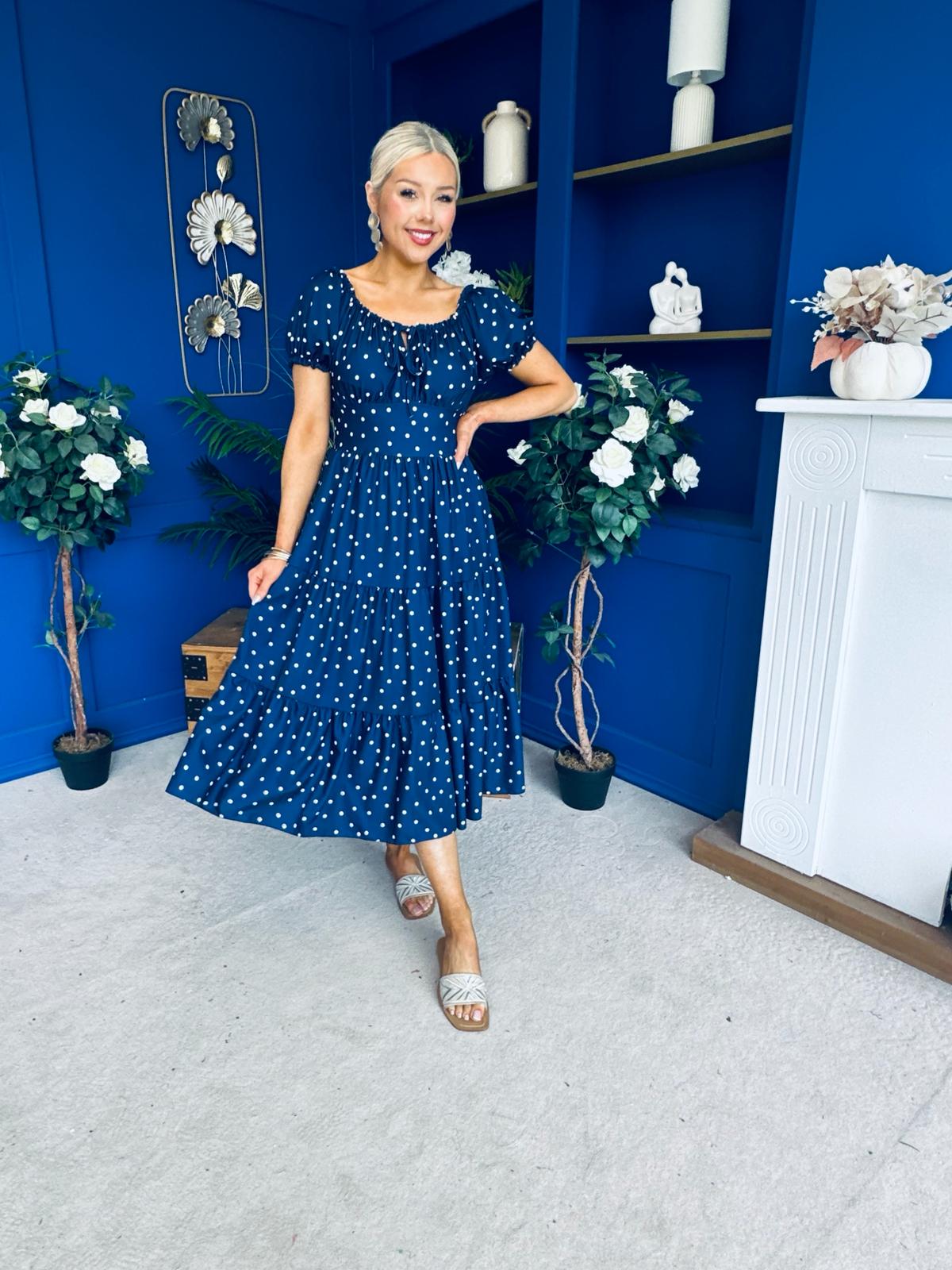 Blaine Detailed Bardot Midi Dress Polka Navy