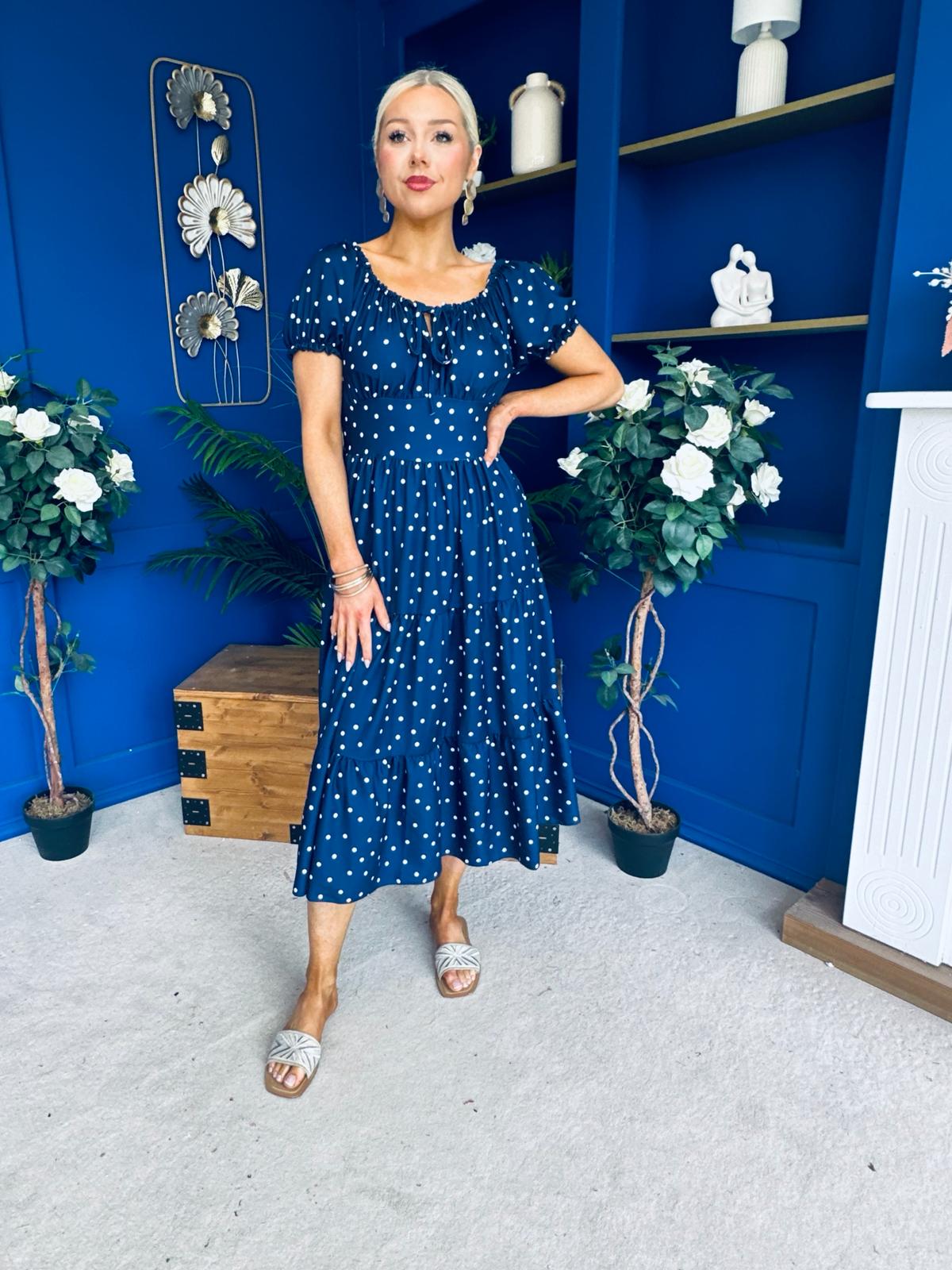 Blaine Detailed Bardot Midi Dress Polka Navy