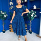 Blaine Detailed Bardot Midi Dress Polka Navy
