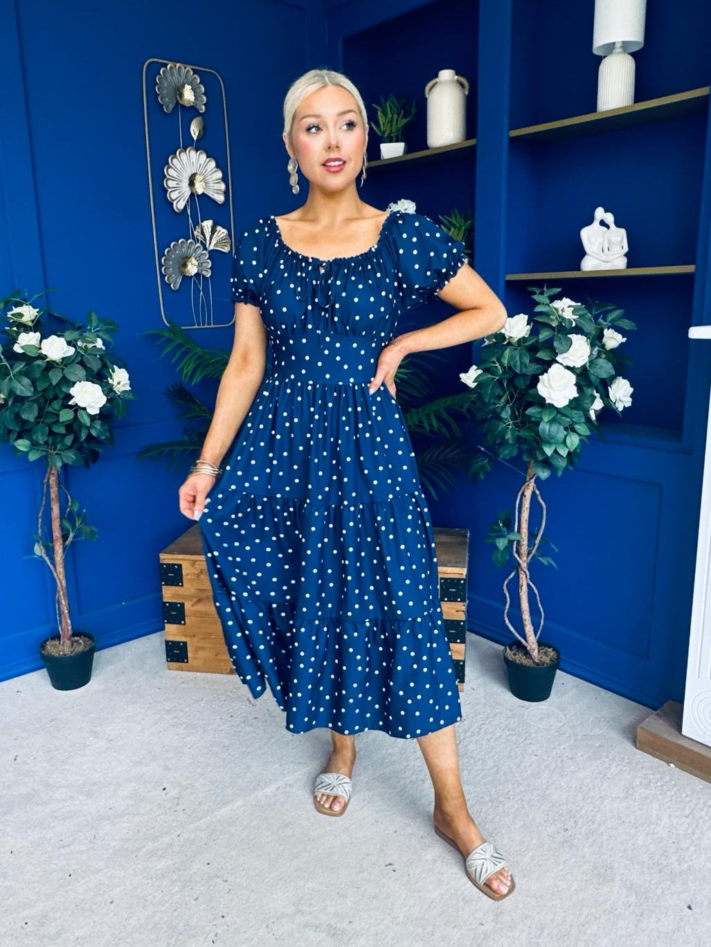 Blaine Detailed Bardot Midi Dress Polka Navy