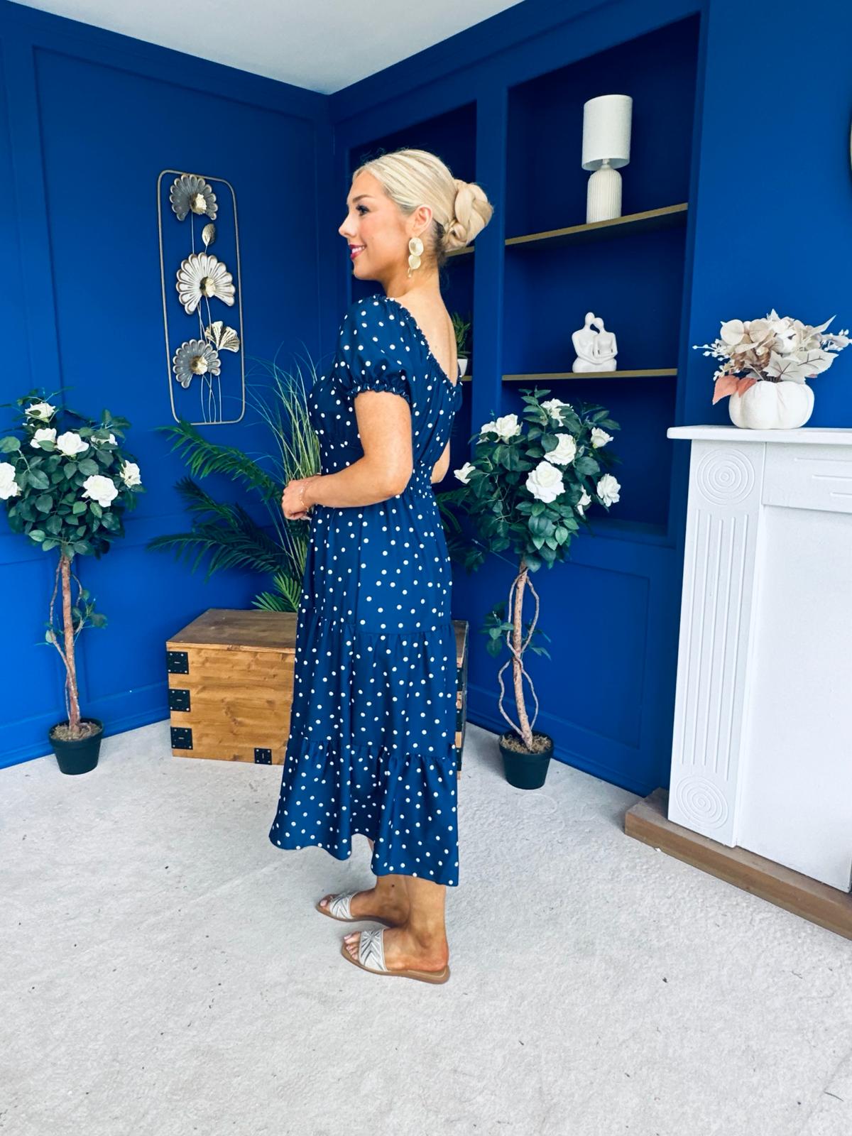 Blaine Detailed Bardot Midi Dress Polka Navy