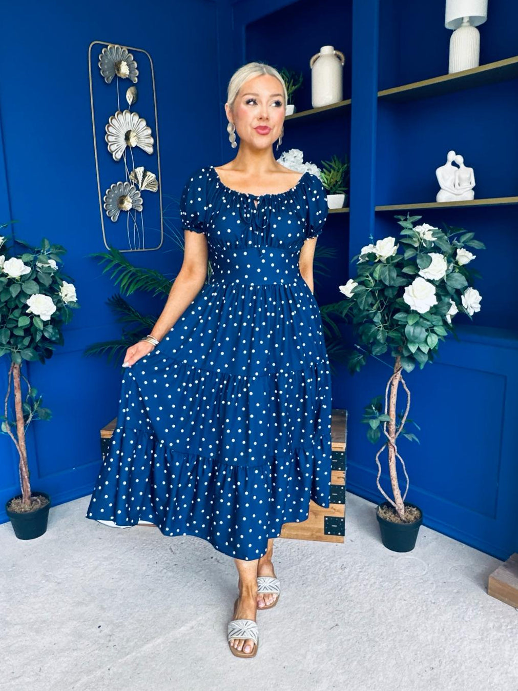 Blaine Detailed Bardot Midi Dress Polka Navy
