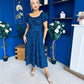 Blaine Detailed Bardot Midi Dress Polka Navy