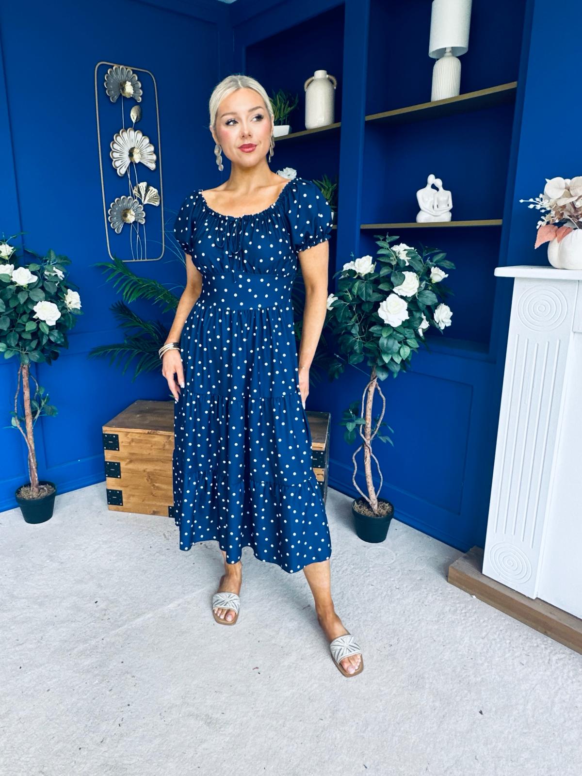 Blaine Detailed Bardot Midi Dress Polka Navy