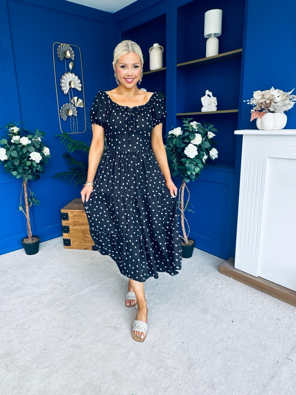 Blaine Detailed Bardot Midi Dress Polka Black