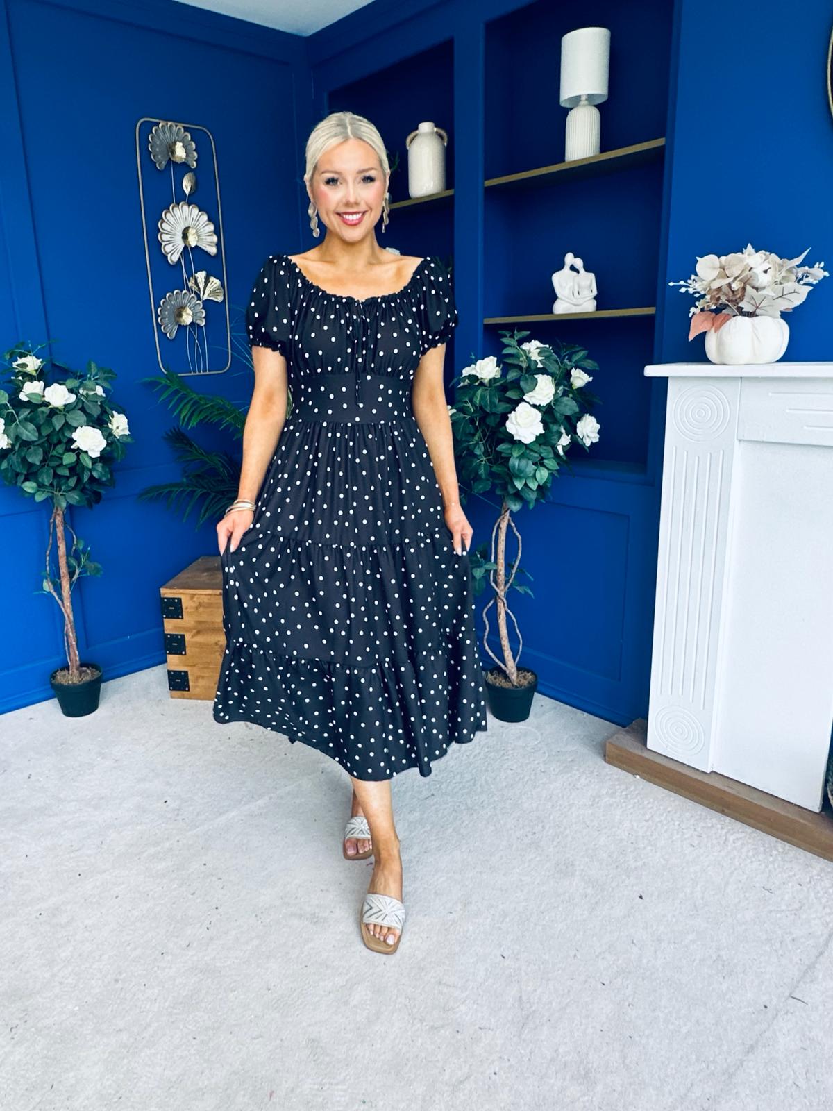 Blaine Detailed Bardot Midi Dress Polka Black
