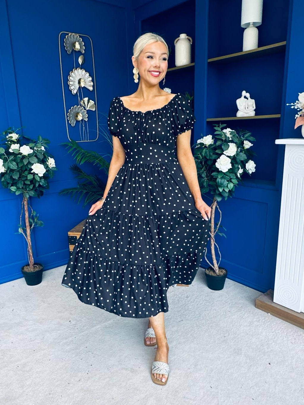 Blaine Detailed Bardot Midi Dress Polka Black