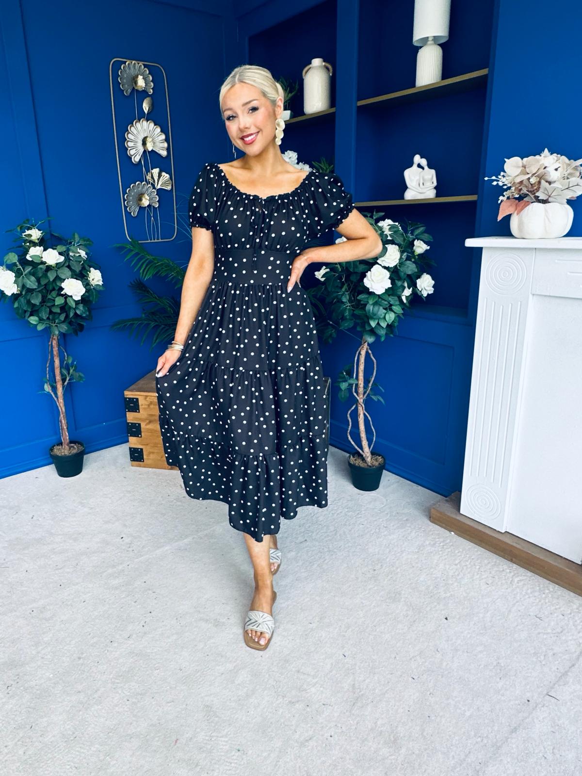 Blaine Detailed Bardot Midi Dress Polka Black