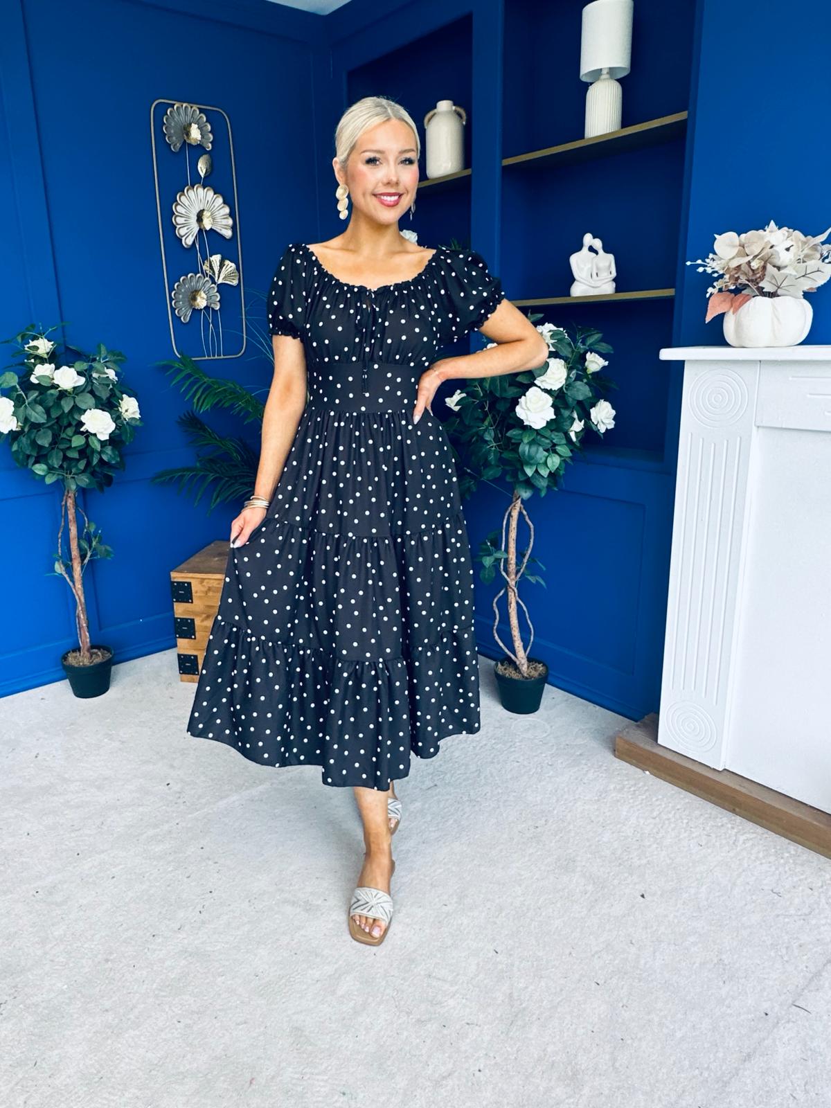 Blaine Detailed Bardot Midi Dress Polka Black