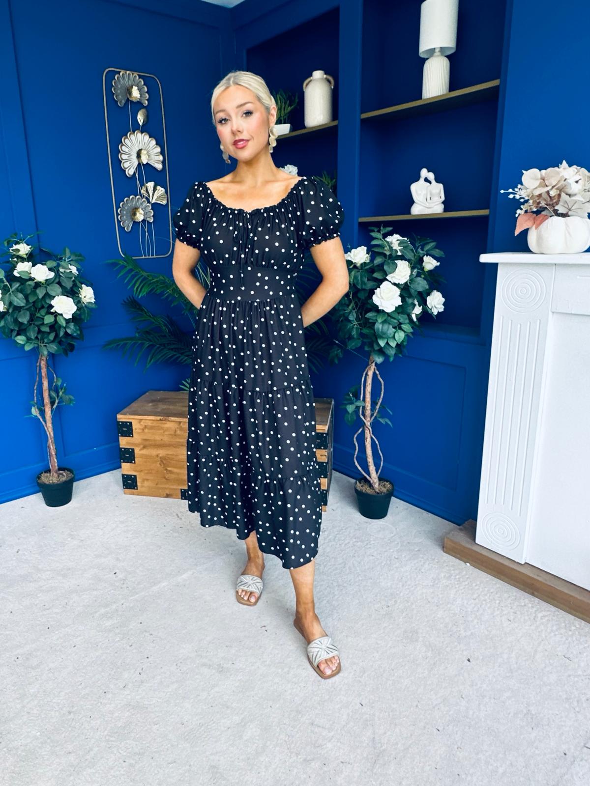 Blaine Detailed Bardot Midi Dress Polka Black