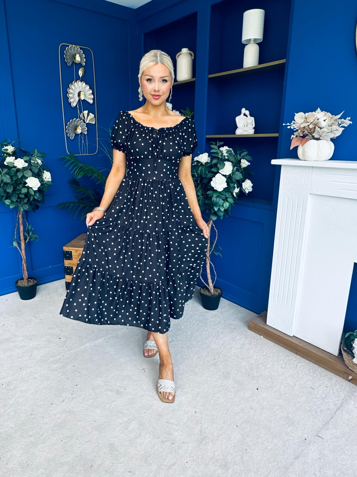 Blaine Detailed Bardot Midi Dress Polka Black