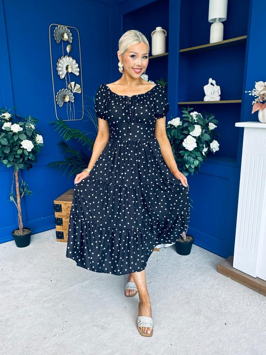 Blaine Detailed Bardot Midi Dress Polka Black