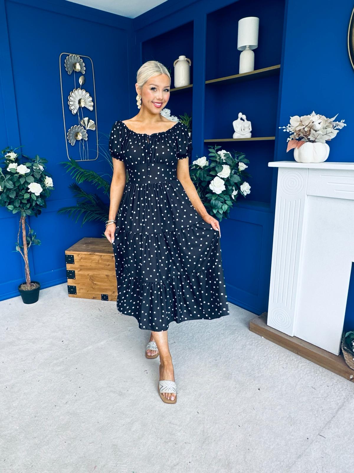 Blaine Detailed Bardot Midi Dress Polka Black