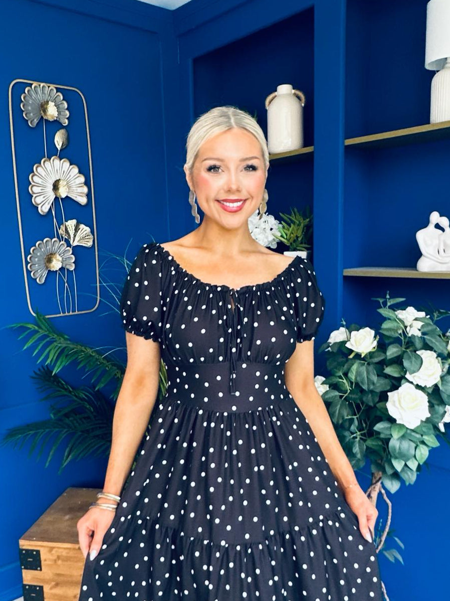 Blaine Detailed Bardot Midi Dress Polka Black