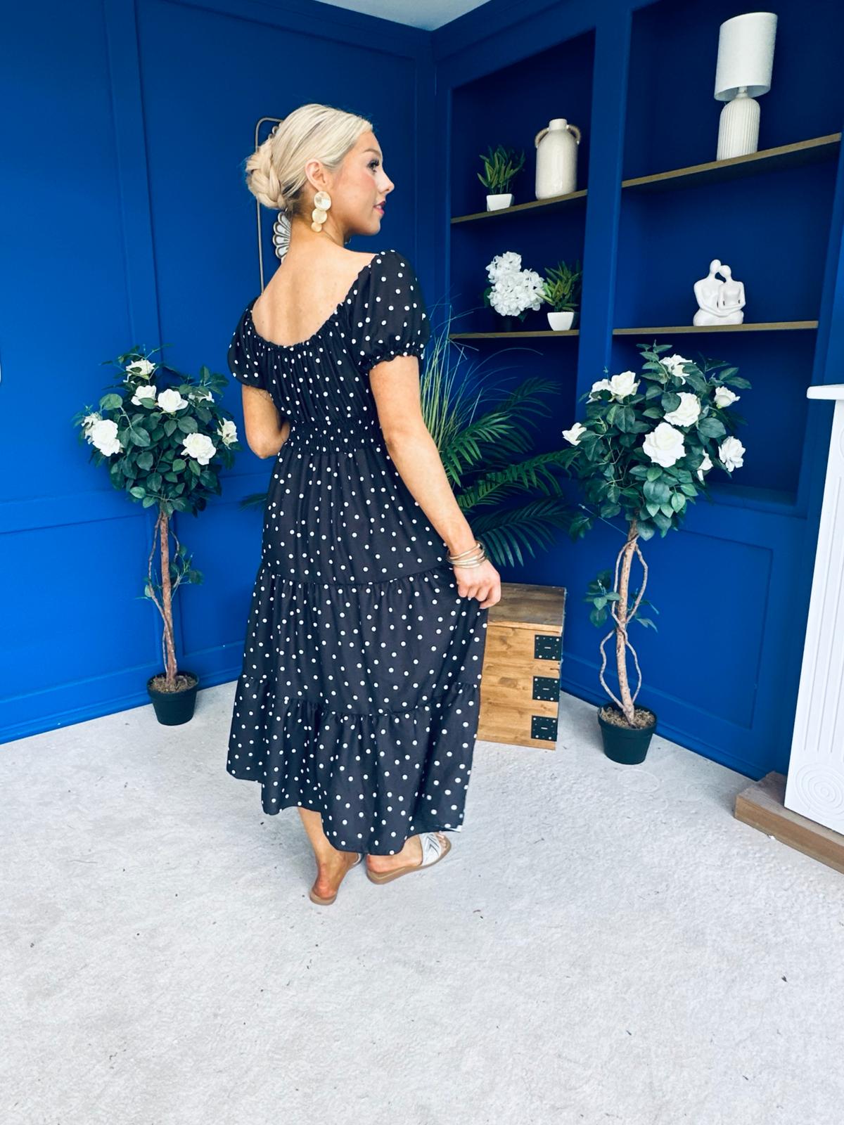 Blaine Detailed Bardot Midi Dress Polka Black