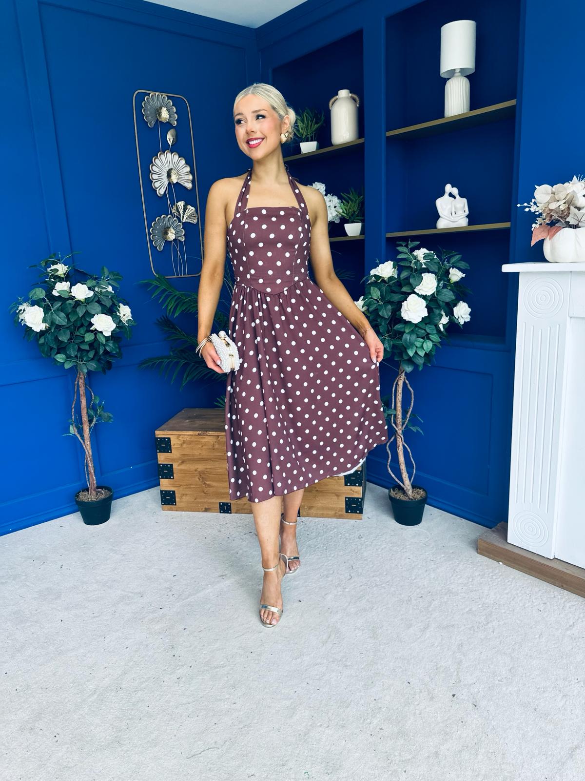 Adison Halterneck Midi Dress Cream Polka Coco