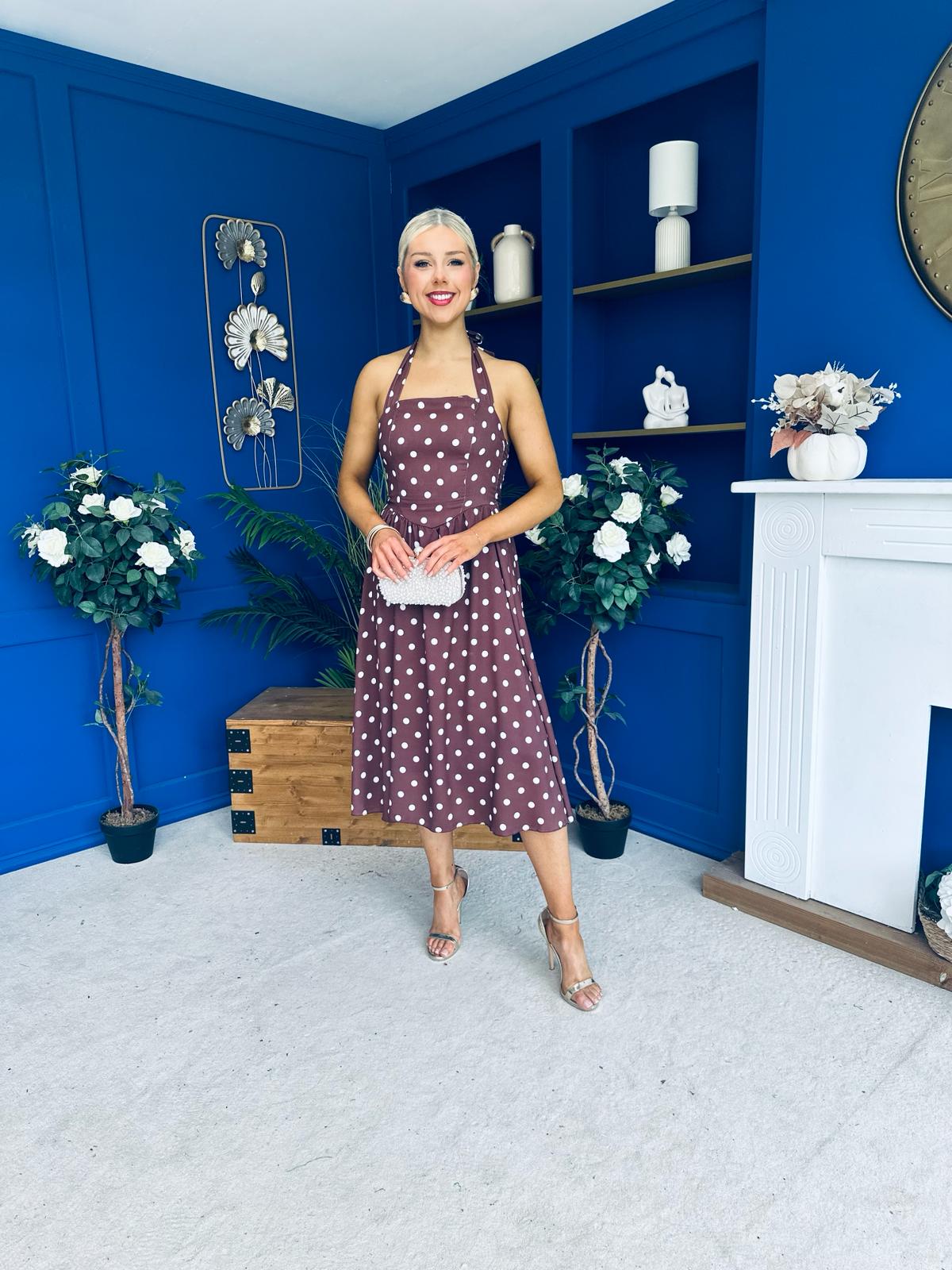 Adison Halterneck Midi Dress Cream Polka Coco