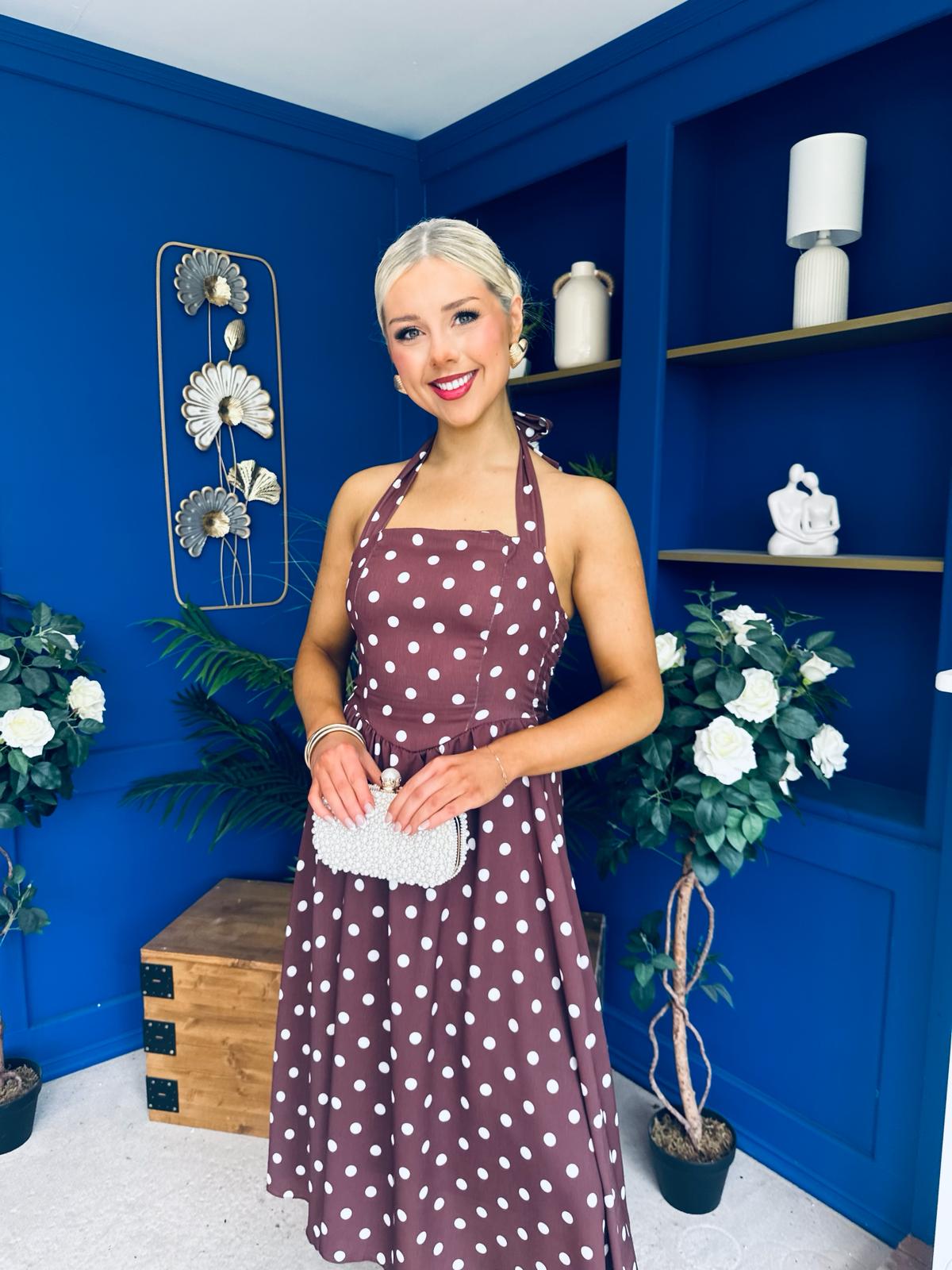 Adison Halterneck Midi Dress Cream Polka Coco
