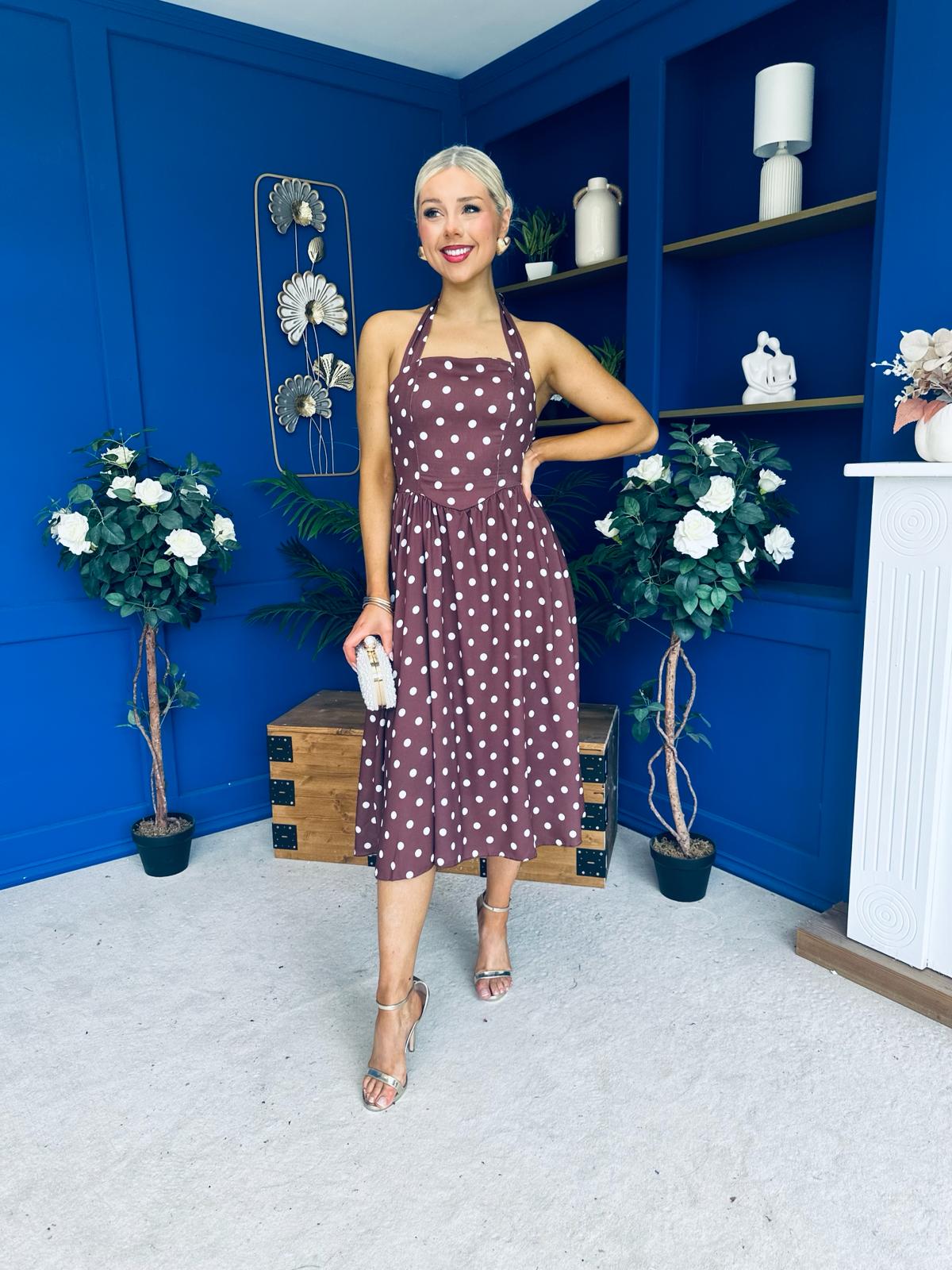 Adison Halterneck Midi Dress Cream Polka Coco