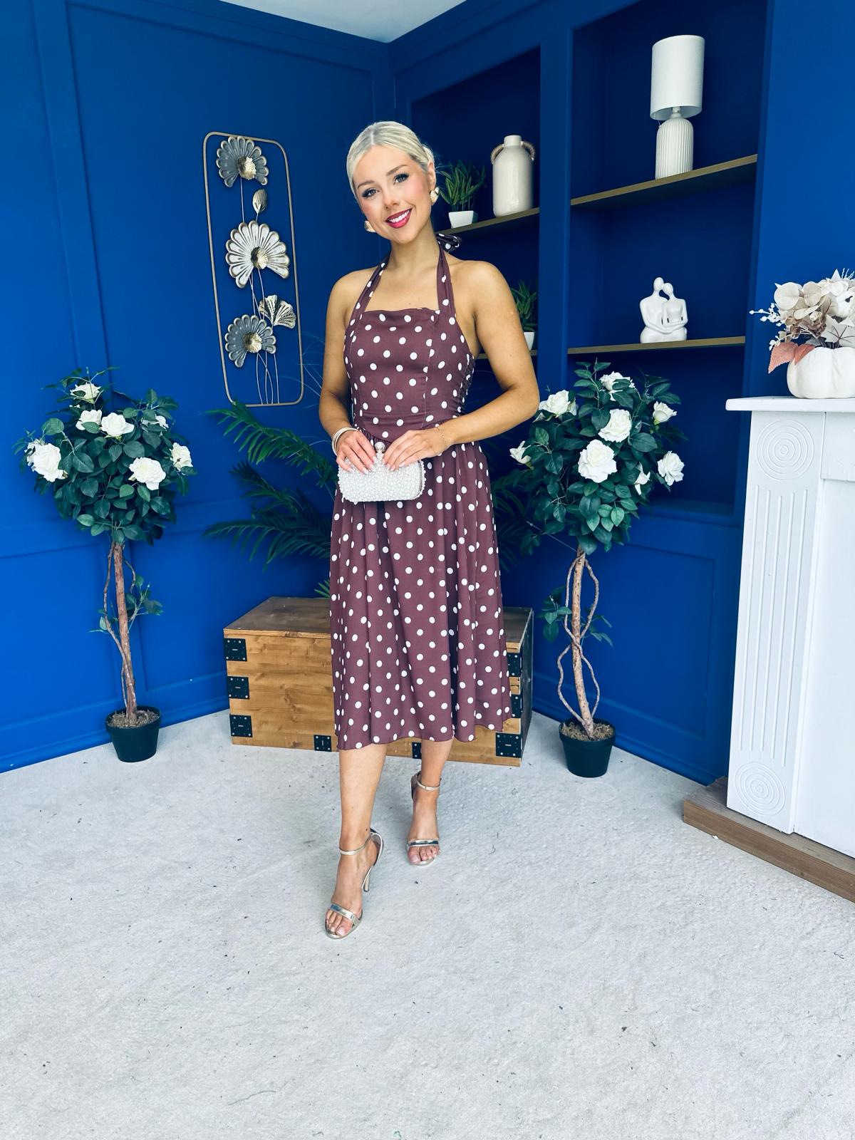 Adison Halterneck Midi Dress Cream Polka Coco
