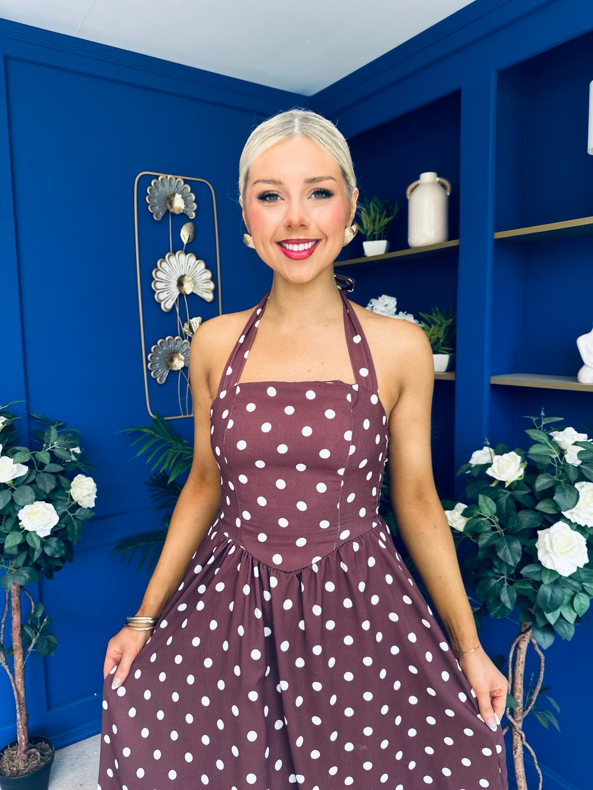 Adison Halterneck Midi Dress Cream Polka Coco