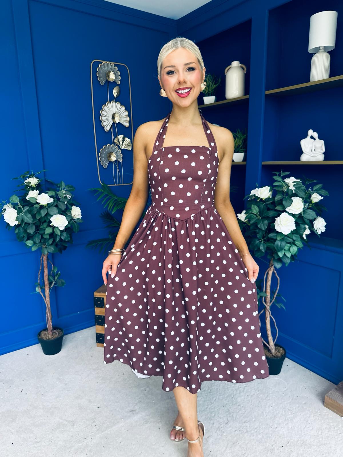 Adison Halterneck Midi Dress Cream Polka Coco