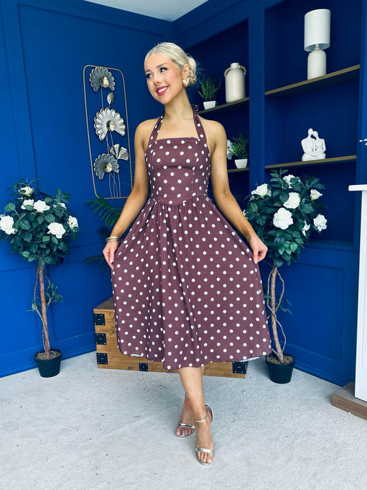 Adison Halterneck Midi Dress Cream Polka Coco