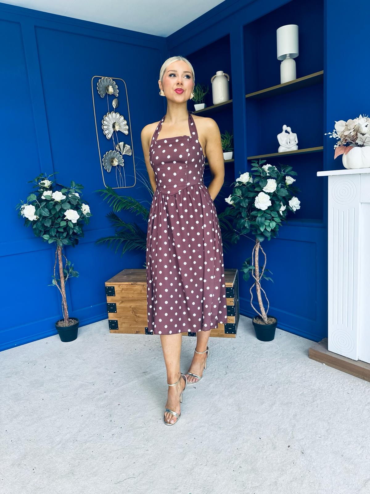 Adison Halterneck Midi Dress Cream Polka Coco