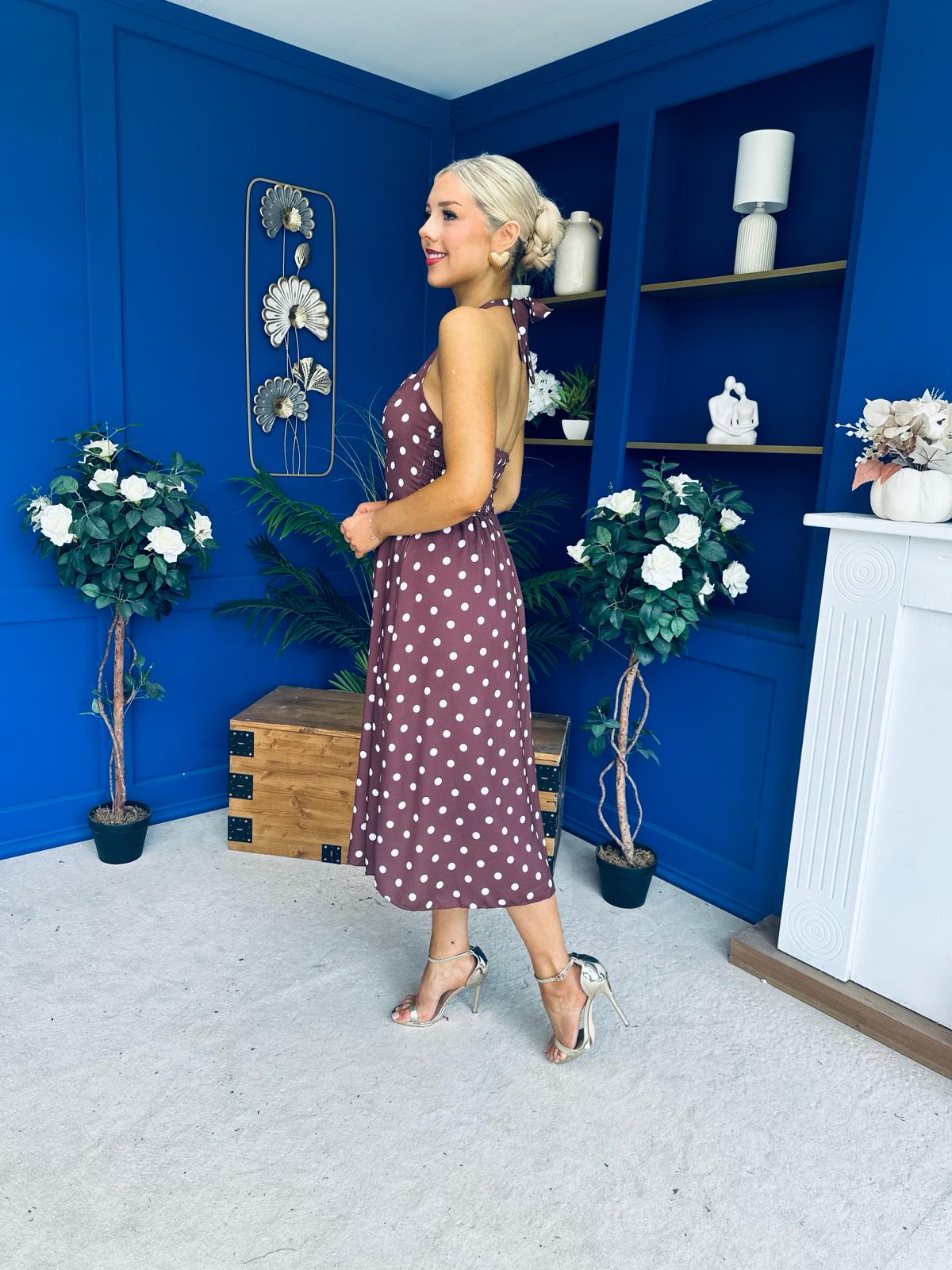 Adison Halterneck Midi Dress Cream Polka Coco