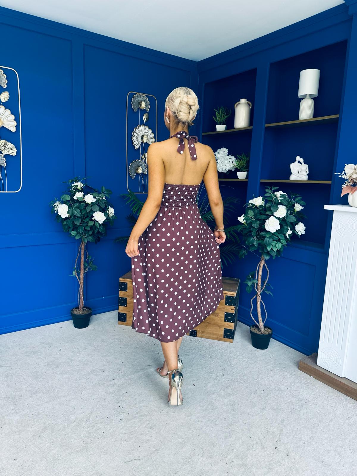 Adison Halterneck Midi Dress Cream Polka Coco