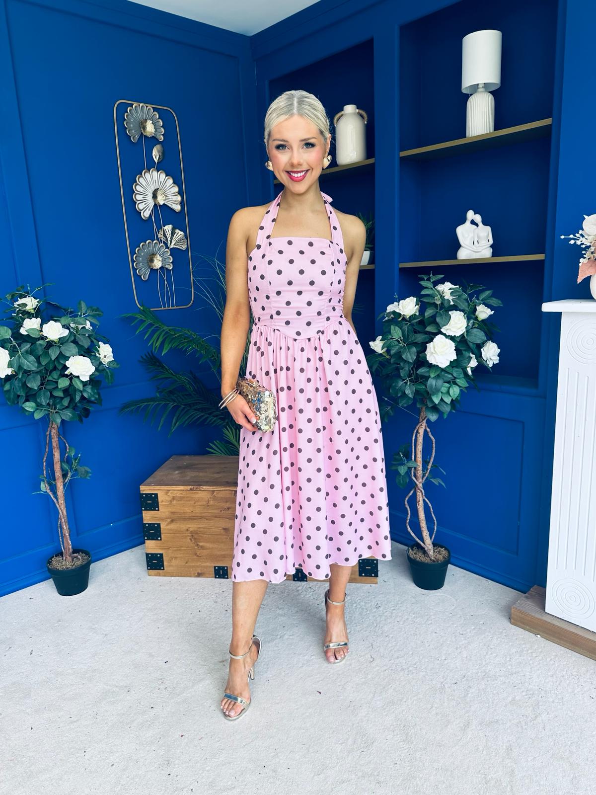 Adison Halterneck Midi Dress Coco Polka Pink