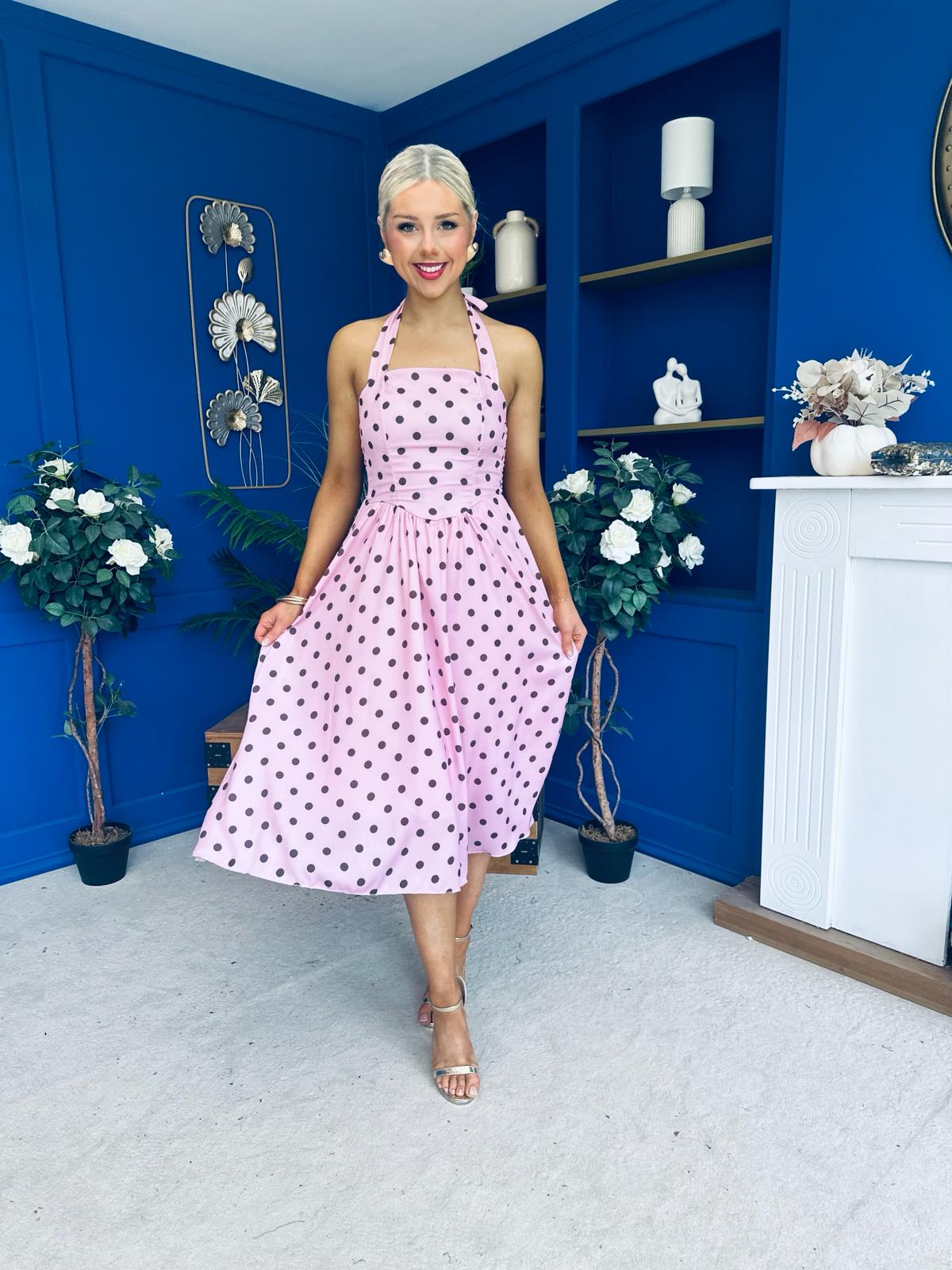Adison Halterneck Midi Dress Coco Polka Pink