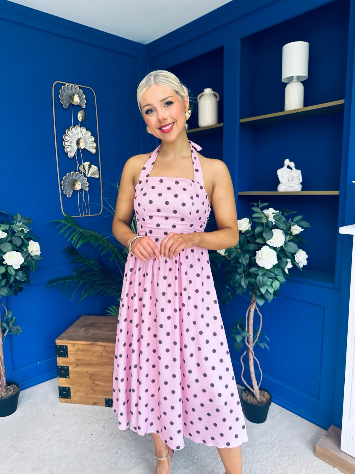 Adison Halterneck Midi Dress Coco Polka Pink