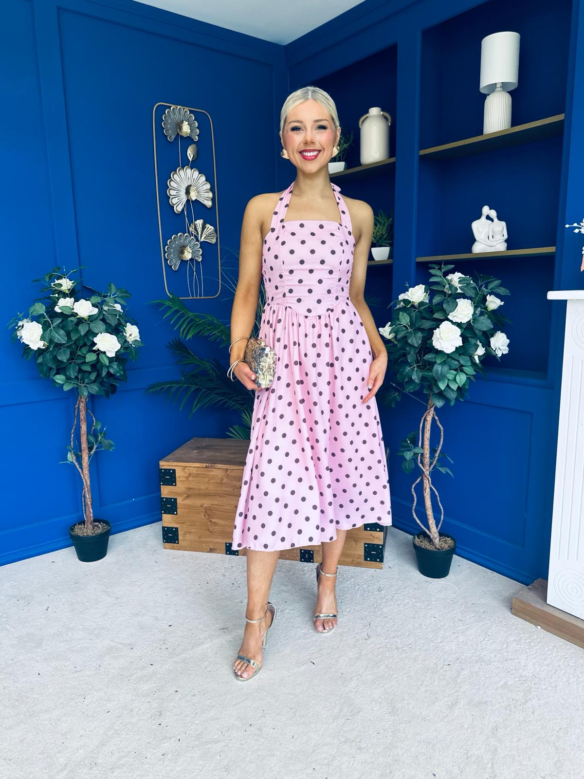 Adison Halterneck Midi Dress Coco Polka Pink
