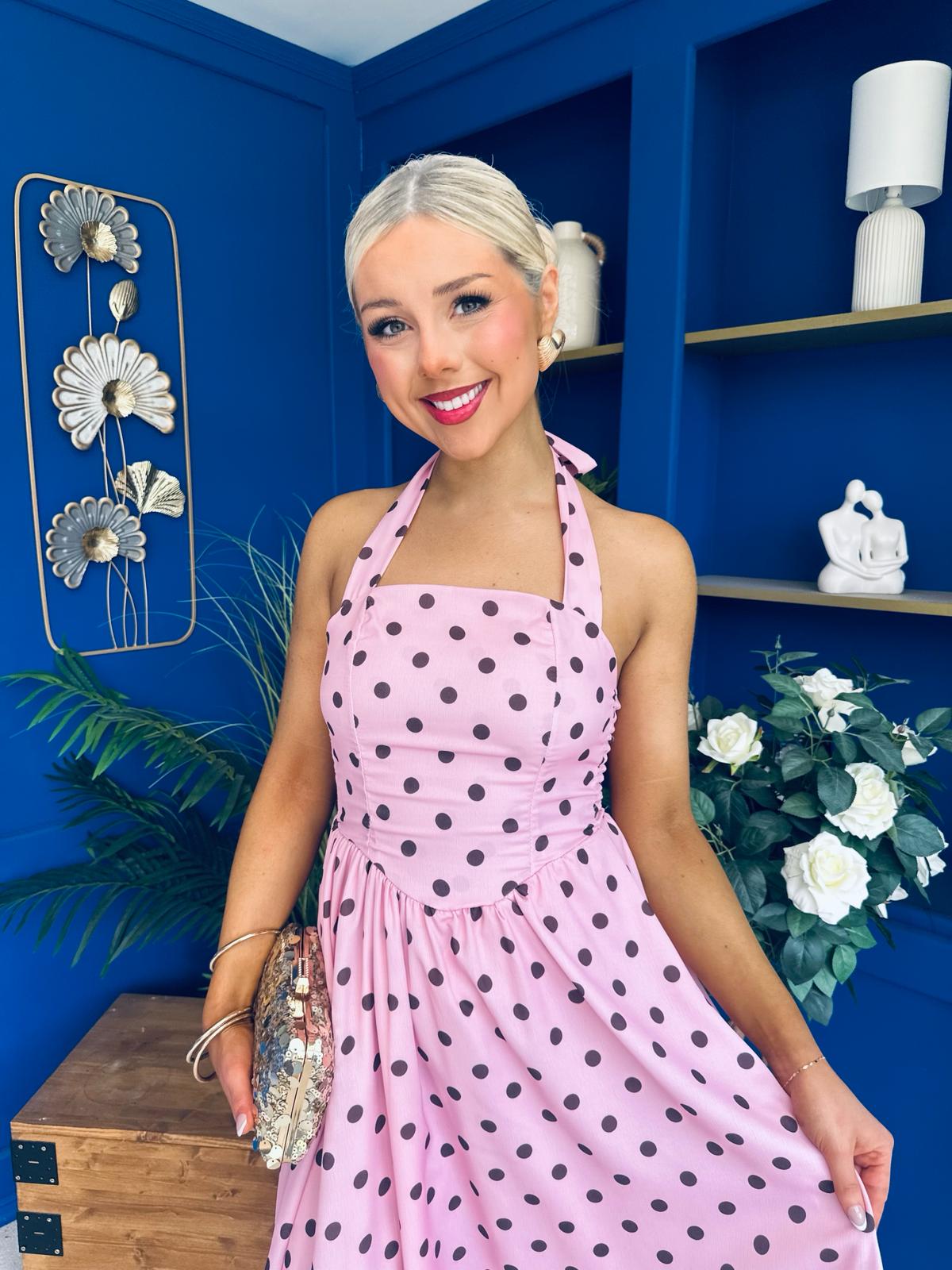 Adison Halterneck Midi Dress Coco Polka Pink
