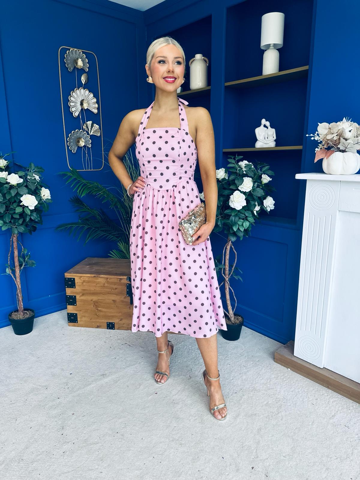 Adison Halterneck Midi Dress Coco Polka Pink